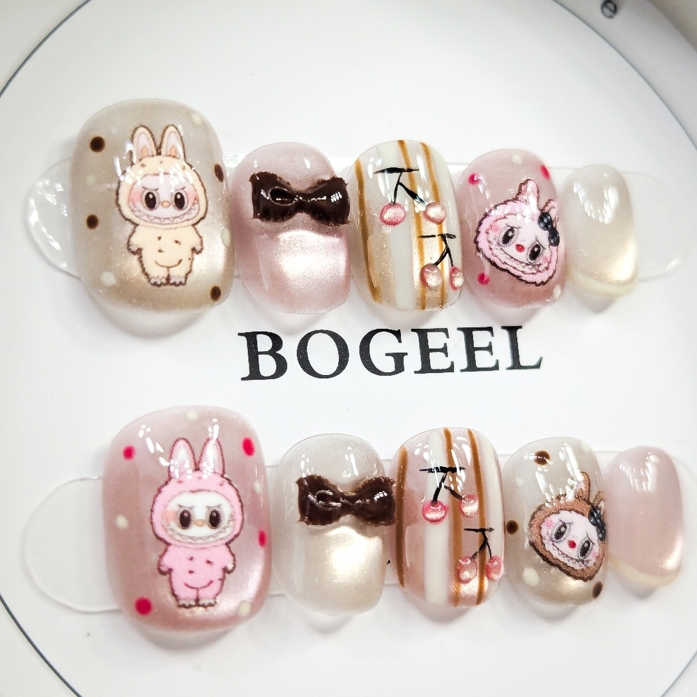 Labubu The Monsters Press On Nails Kawaii Pink & Brown 3D Bow NailArt Size Small - Picture 3 of 10